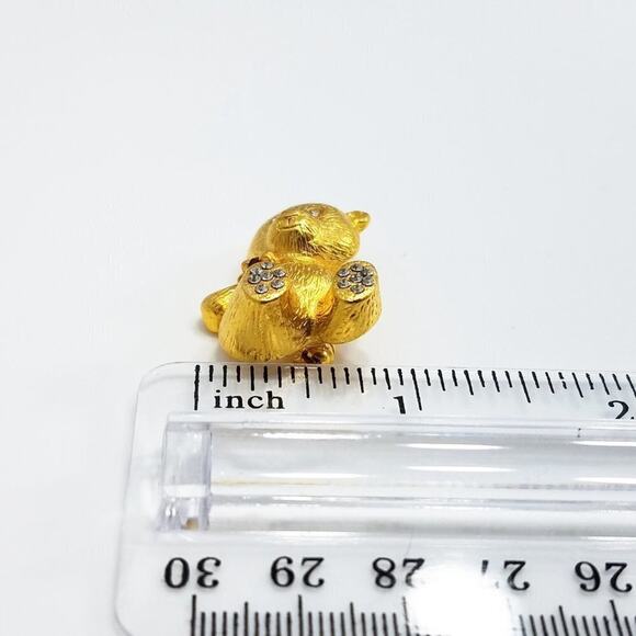 Gold Tone Teddy Bear Brooch Rhinestones Red Bow Vintage Figural Pin - Picture 7 of 10